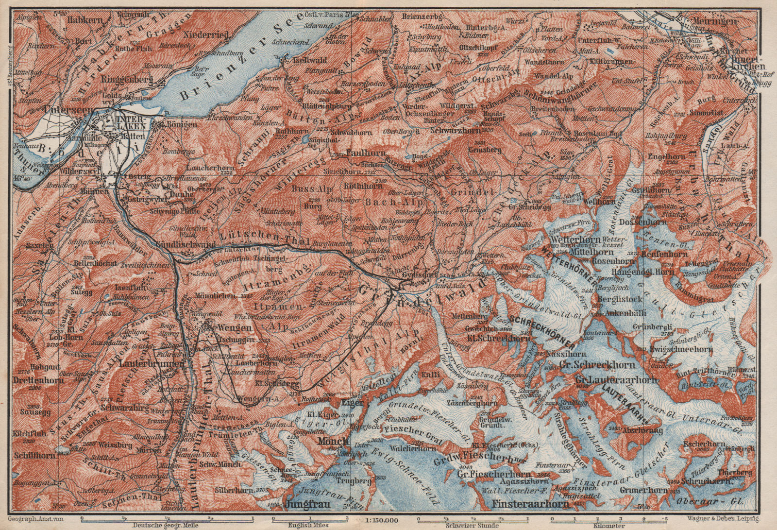 GRINDELWALD environs. Wengen Mürren Jungfrau Wetterhorn Interlaken 1897 map